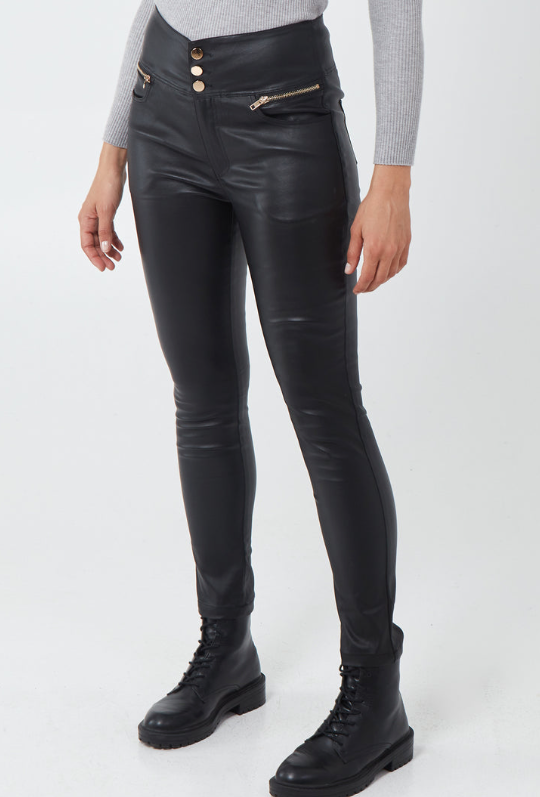 Sarah Stretch Skinny Jean Black Coated Leather Look