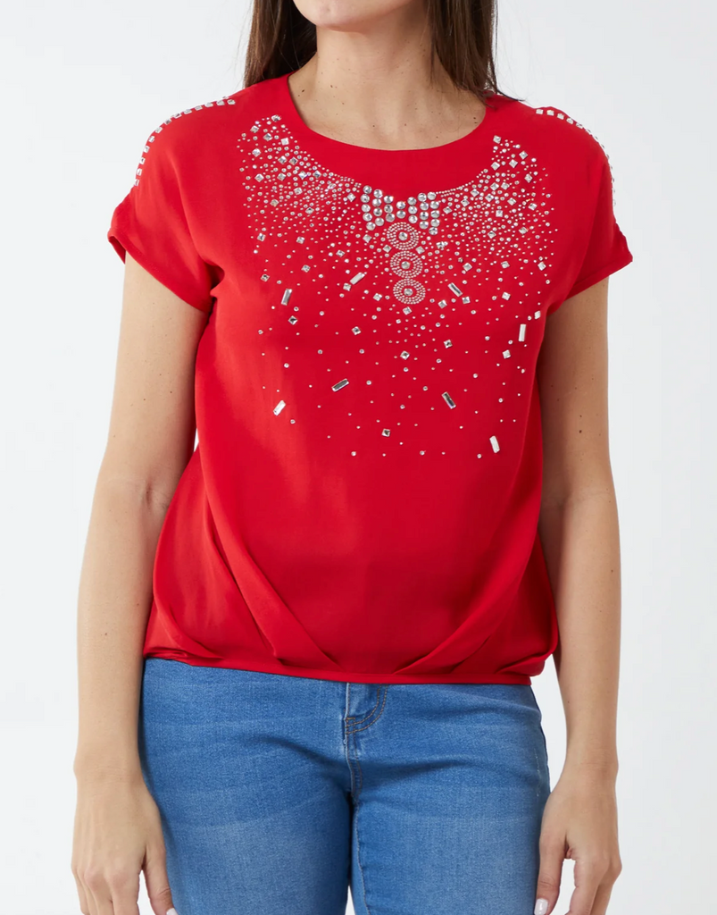 Embellished Chiffon Keyhole Sleeve Top Red