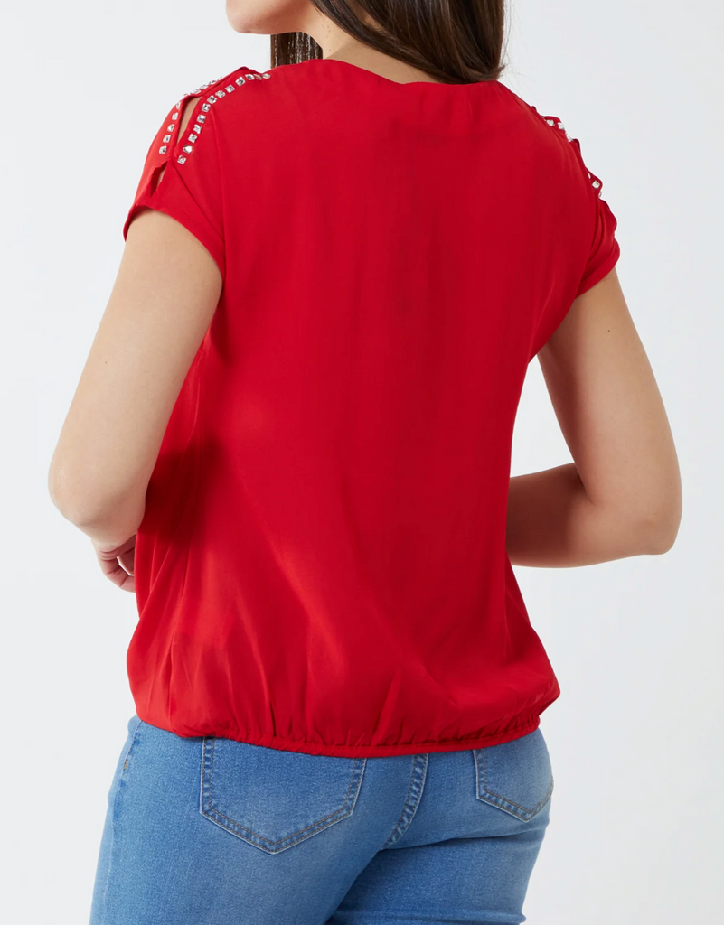 Embellished Chiffon Keyhole Sleeve Top Red