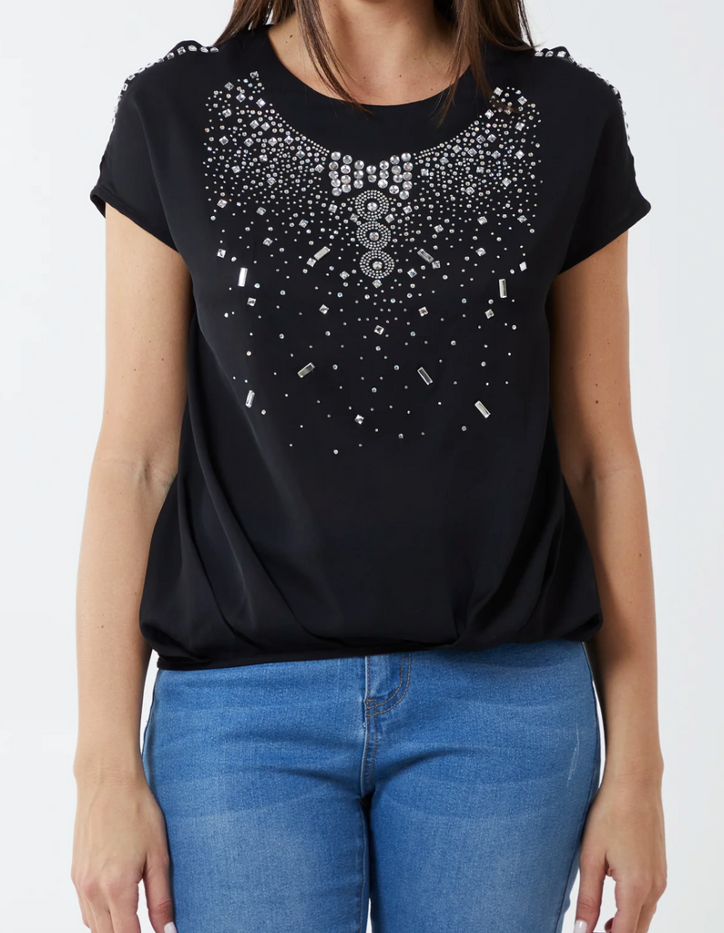 Embellished Chiffon Keyhole Sleeve Top Black