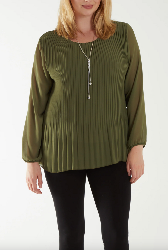 Pleated Necklace Top Olive Green