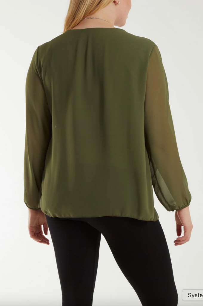 Pleated Necklace Top Olive Green