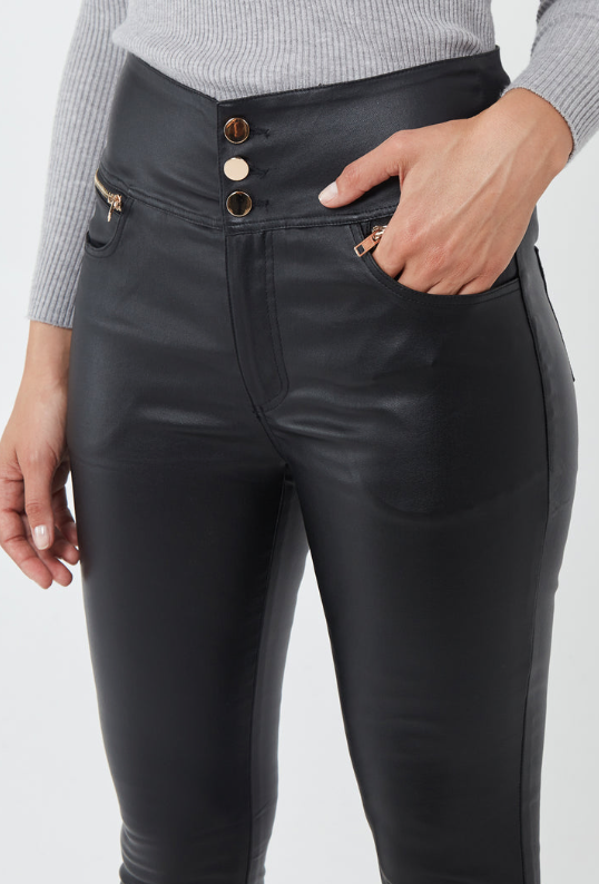 Sarah Stretch Skinny Jean Black Coated Leather Look