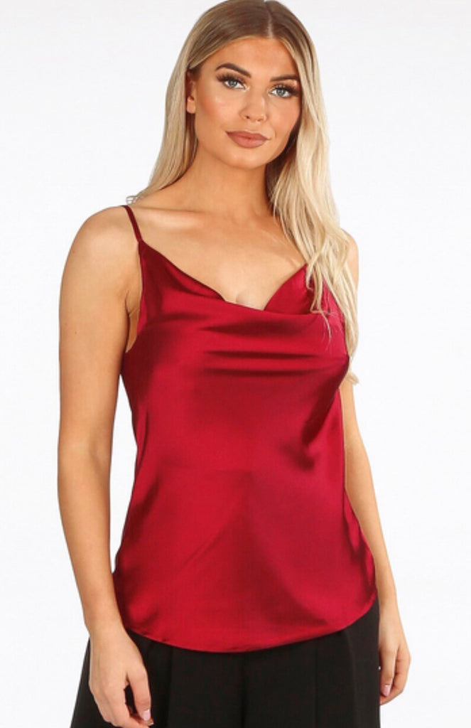 Stacey Satin Cowl Neck Cami Red Top